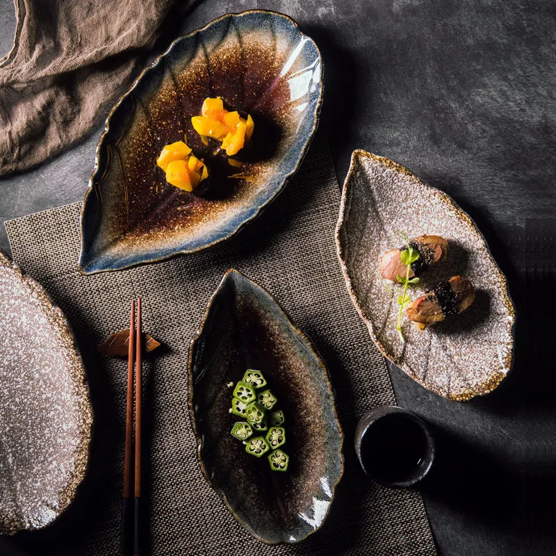 Assiette feuille japonaise en grès Granit, petite ou grande