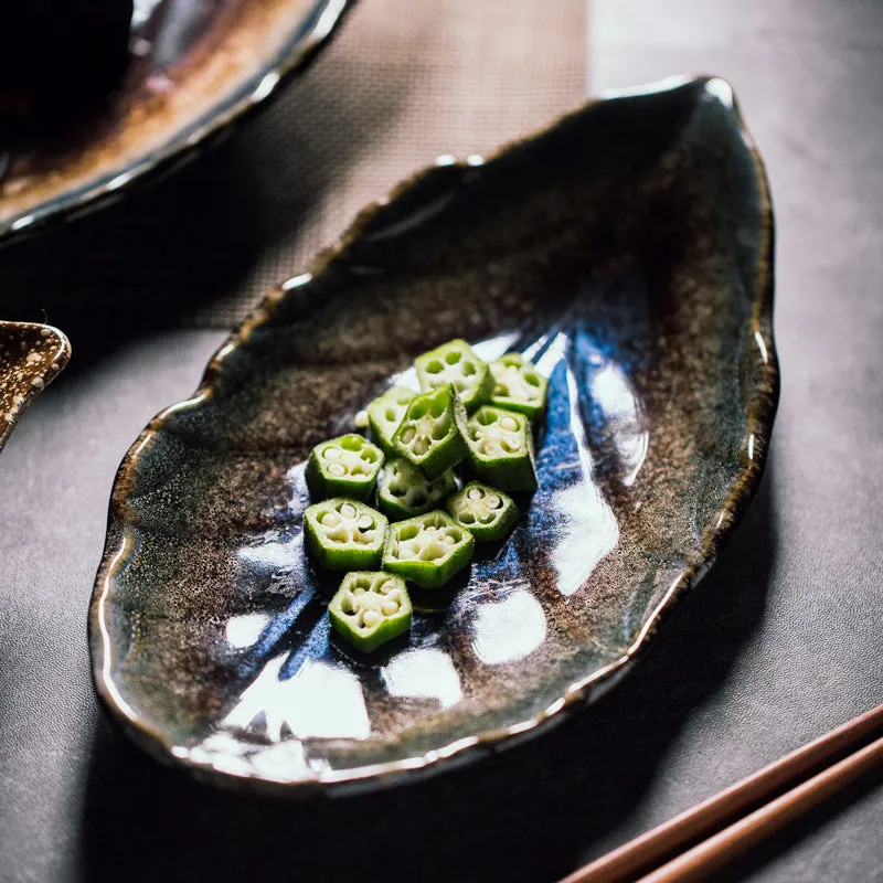 Assiette feuille japonaise en grès Granit, petite ou grande, vue 2