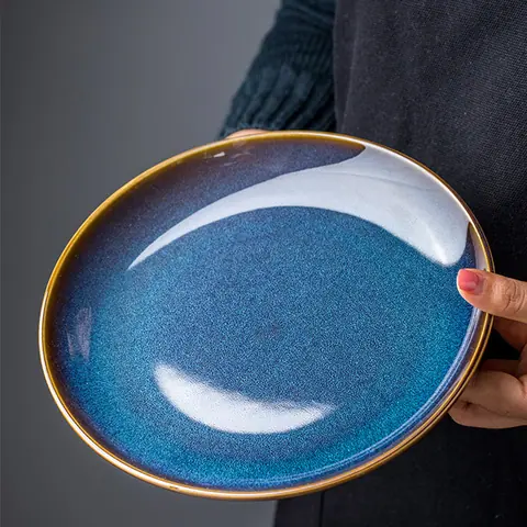 Assiette japonaise en grès Saphir, 23 cm, glaçure bleu arctique