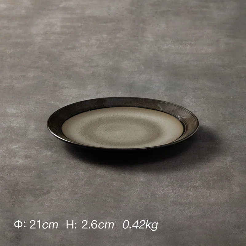 Assiette japonaise en grès Marbre, 21 ou 28 cm, bord brun foncé