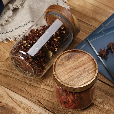 Bocal en verre avec couvercle en bois, collection Densité