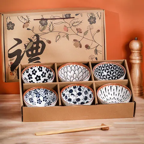 Coffret de 6 bols japonais en grès Teck, décors assortis, 12 cm