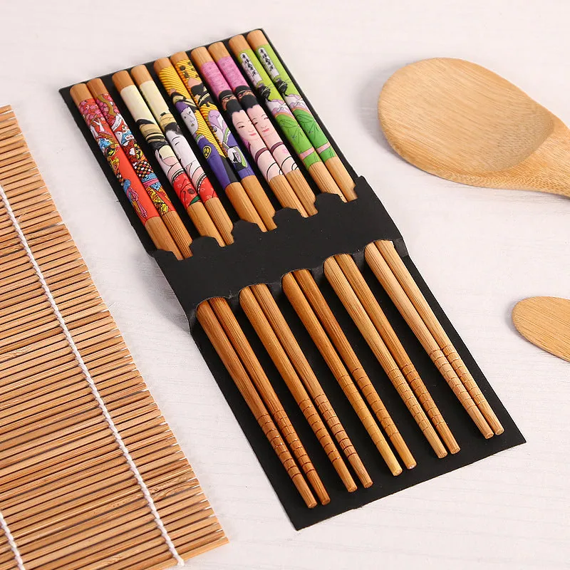 Kit sushi maison en bambou Automne : nattes, spatule, baguettes, vue 2