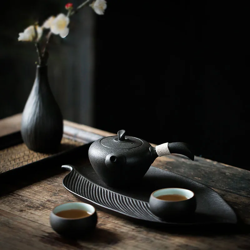 Plateau à thé japonais en feuille noire laquée Vanille, vue 2