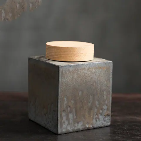 Boîte à thé japonaise en céramique Nuage, couvercle en bois