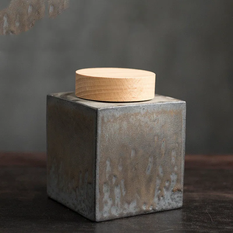 Boîte à thé japonaise en céramique Nuage, couvercle en bois