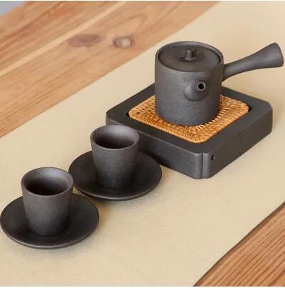 Service à thé japonais en grès émaillé avec théière Sauge, grès
