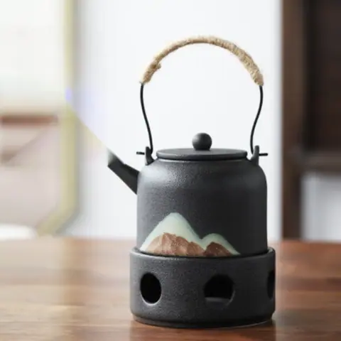 Théière japonaise en grès noir avec réchaud Émaillé, 35 cl