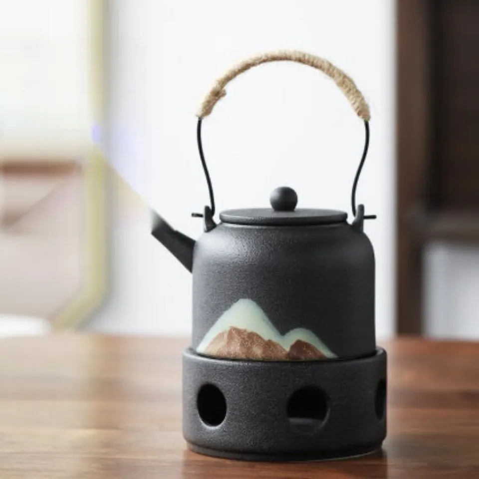 Théière japonaise en grès noir avec réchaud Émaillé, 35 cl