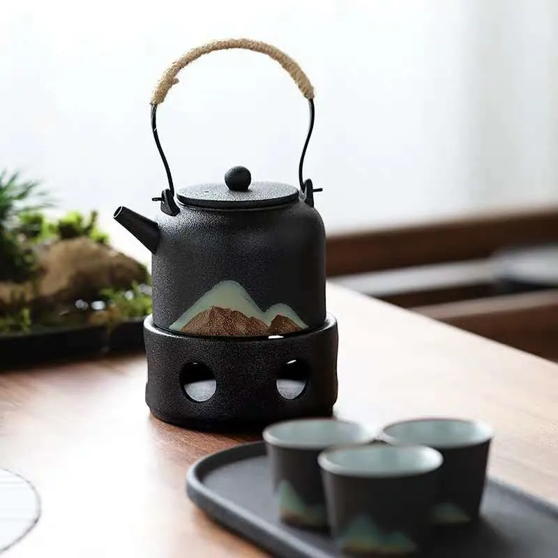 Théière japonaise en grès noir avec réchaud Émaillé, 35 cl, vue 3