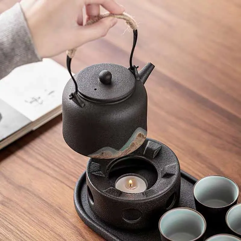 Théière japonaise en grès noir avec réchaud Émaillé, 35 cl, vue 4
