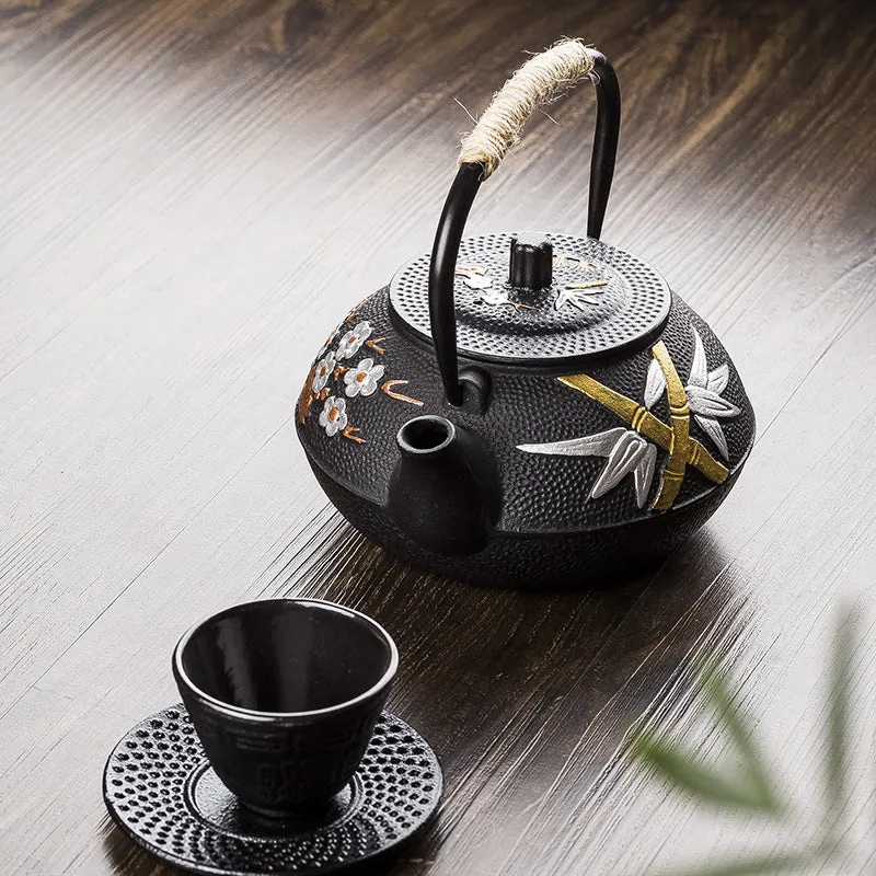 Théière japonaise en fonte à motif de fleurs Malachite, fonte